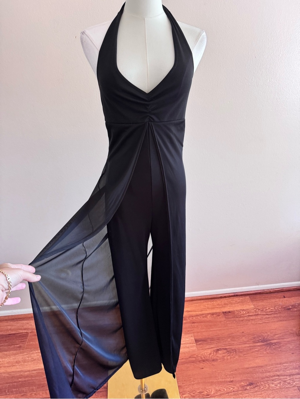 Vintage 90s Elegant Black Halter Jumpsuit with Sheer Overlay